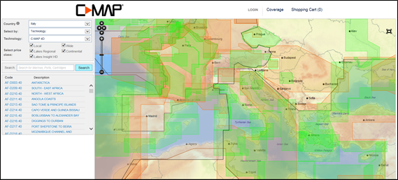 Le coperture C-MAP 4D, Local (verde) o Wide (arancio)